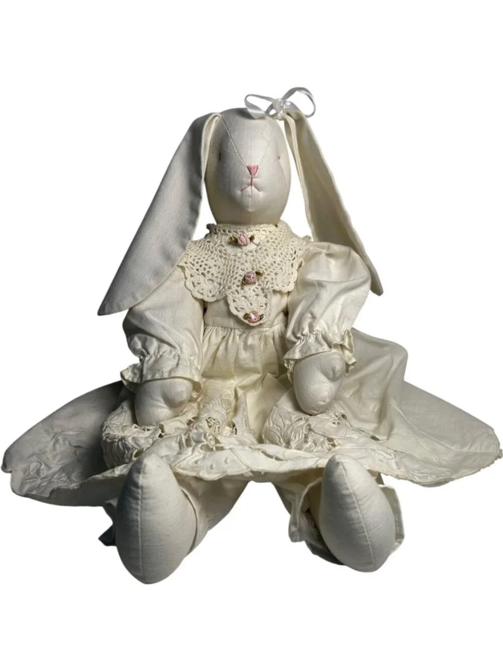 Vintage Handmade Cloth Bunny Rabbit Doll White Lace Dress Crochet Collar Roses